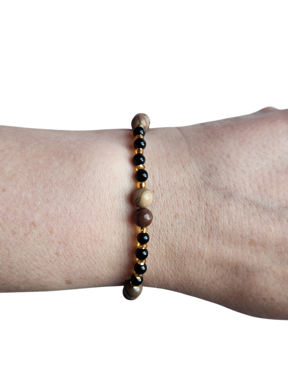Handcrafted Black Agate & Rhodochrosite Beaded Bracelet